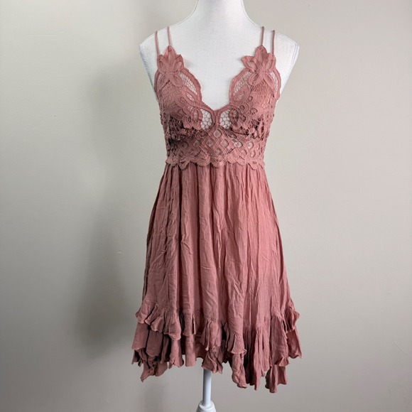 Free People Dresses & Skirts - Free People FP One Adella Slip Dress Dusty Rose Pink Lace Boho Mini Small NWT
